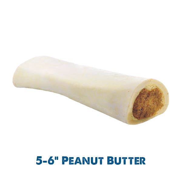 A 3-pack of Best Bully Sticks Peanut Butter Stuffed Shin Bones, designed for dogs’ dental health, displayed on a white surface.