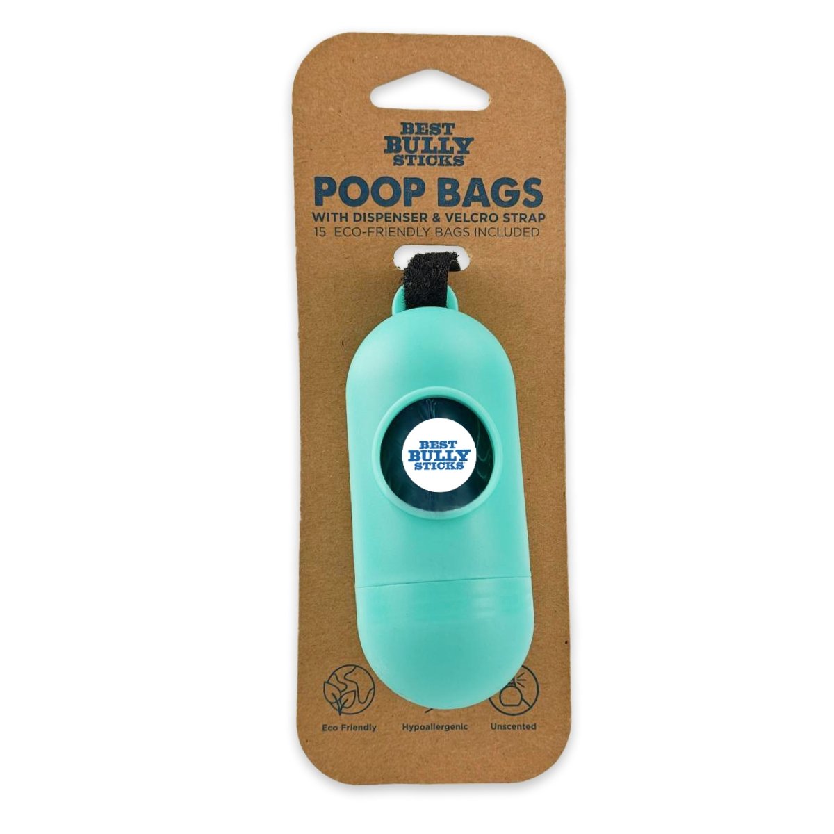Turquoise Poop Bag Dispenser by Best Bully Sticks features a Velcro strap and comes on cardboard packaging with text, &quot;Best Bully Sticks Poop Bags with Dispenser &amp; Velcro Strap, 15 Eco-Friendly Bags Included.