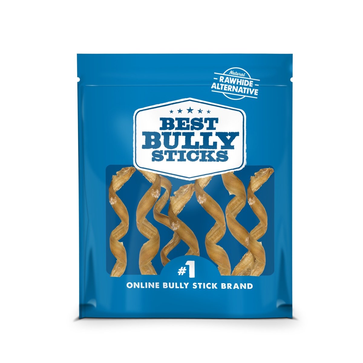 A blue &quot;Best Bully Sticks&quot; package contains Premium 5-6 Inch Curly Bully Sticks, a rawhide alternative that helps support dog dental health and is the #1 online bully stick brand.