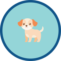 Cartoon illustration of a small, light brown puppy with floppy ears standing on a blue circular background.