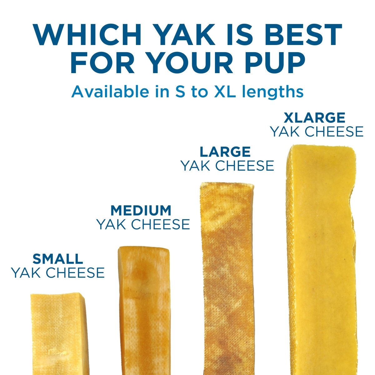 Yak cheese sticks in various sizes with text on a white background