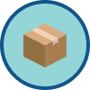 A brown cardboard box with tape is centered on a light blue circular background with a dark blue border.