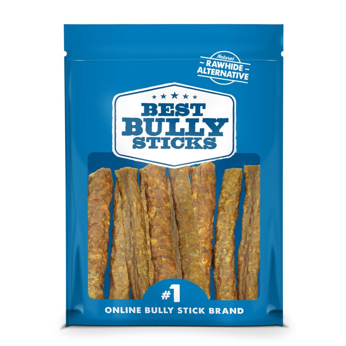 A blue package labeled "Best Bully Sticks" displays Wild Hare Sausage inside, featuring text such as "#1 Online Bully Stick Brand" and "Rawhide Alternative," emphasizing its all-natural dog chew quality.
