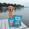 A dog sits on a dock next to a bag of Best Bully Sticks Chicken Jerky treats.