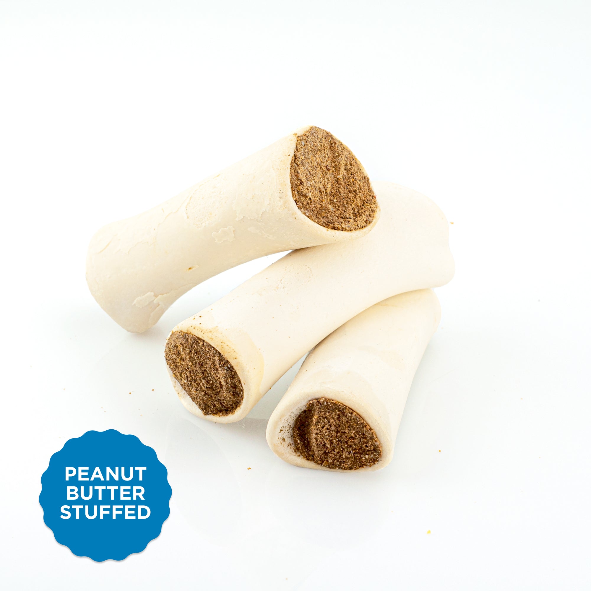 Three Peanut Butter Stuffed Shin Bones (3 Pack) by Best Bully Sticks on a white background.