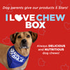 A dog wearing a bandana with the words i love Best Bully Sticks I Love Chew Variety Box.