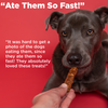 A person feeding a dog a Wild Hare Sausage treat from Best Bully Sticks, with the text ate them so fast it was hard to get a dog to eat.