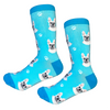 A pair of French Bulldog Socks with a Best Bully Sticks logo on them.