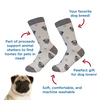 A pair of Pug Socks with a pug dog on them from Best Bully Sticks.