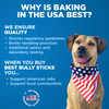 A dog wearing a bandana with the words why is enjoying the 6-Inch Standard USA-Baked Odor-Free Bully Stick from Best Bully Sticks.